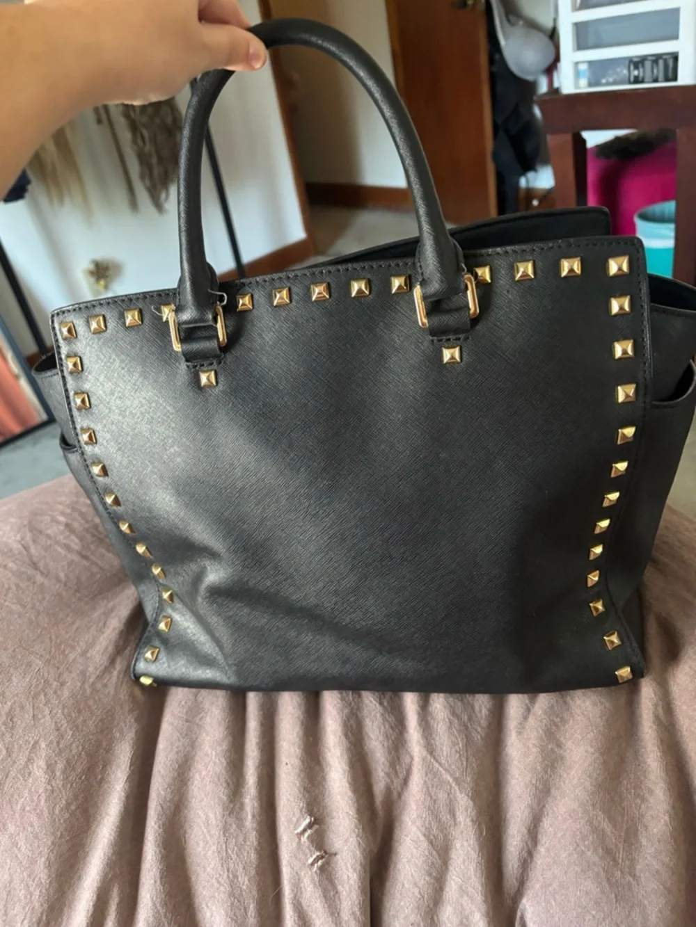 Michael Kors large Selma Black Saffiano Leather Studded Tote
